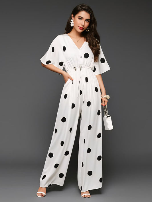 Polka Dot Wide-Leg Jumpsuit for Women – Stylish Casual & Party Wear