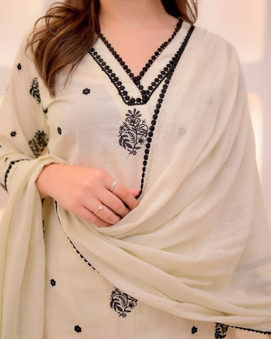 Ivory Black Embroidered Rayon Kurta Set with Kota Dupatta