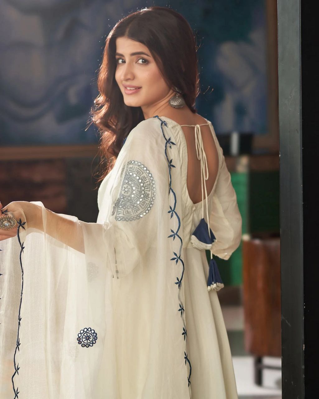 Ivory Vichitra Silk Anarkali Suit with Embroidered Dupatta