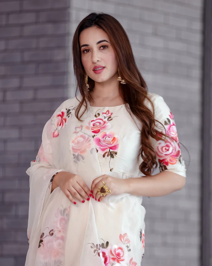 Elegant Ivory Floral Anarkali Suit with Dupatta