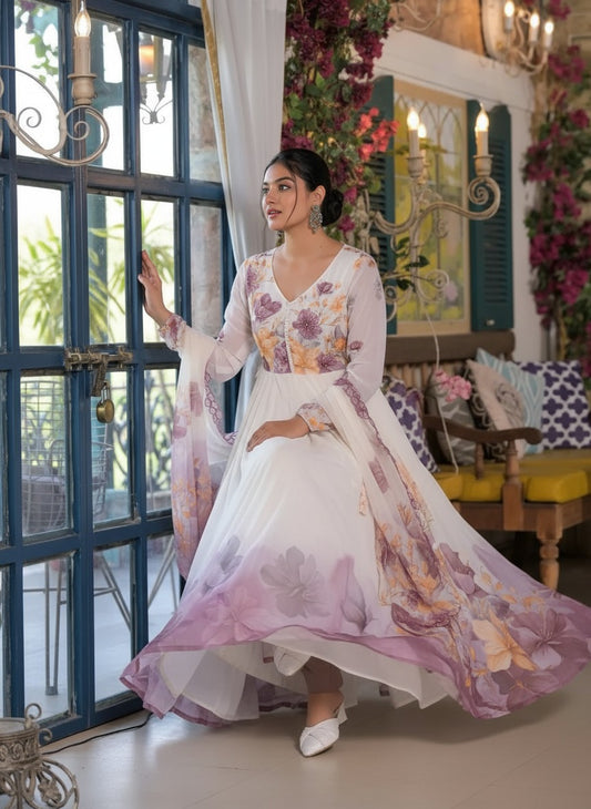 White Tabby Organza Gown with Embroidered Dupatta