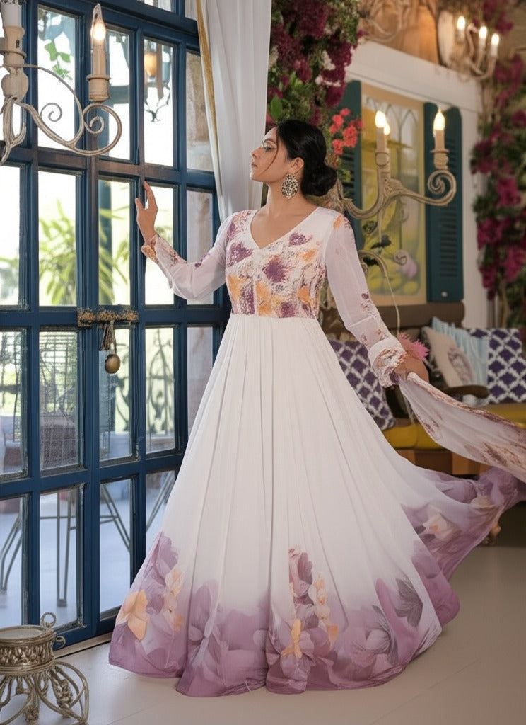 White Tabby Organza Gown with Embroidered Dupatta