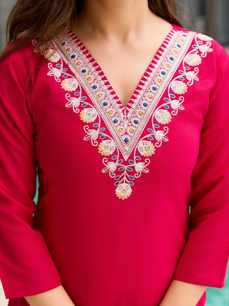 Rani Pink Embroidered Rayon Kurti Set with Silk Chiffon Dupatta – Stitched