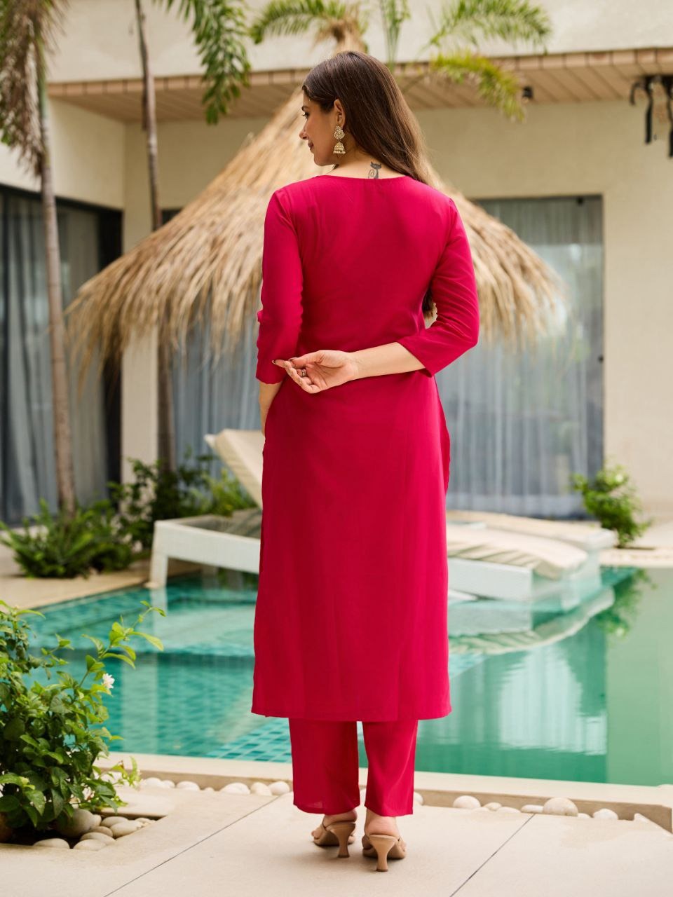 Rani Pink Embroidered Rayon Kurti Set with Silk Chiffon Dupatta – Stitched
