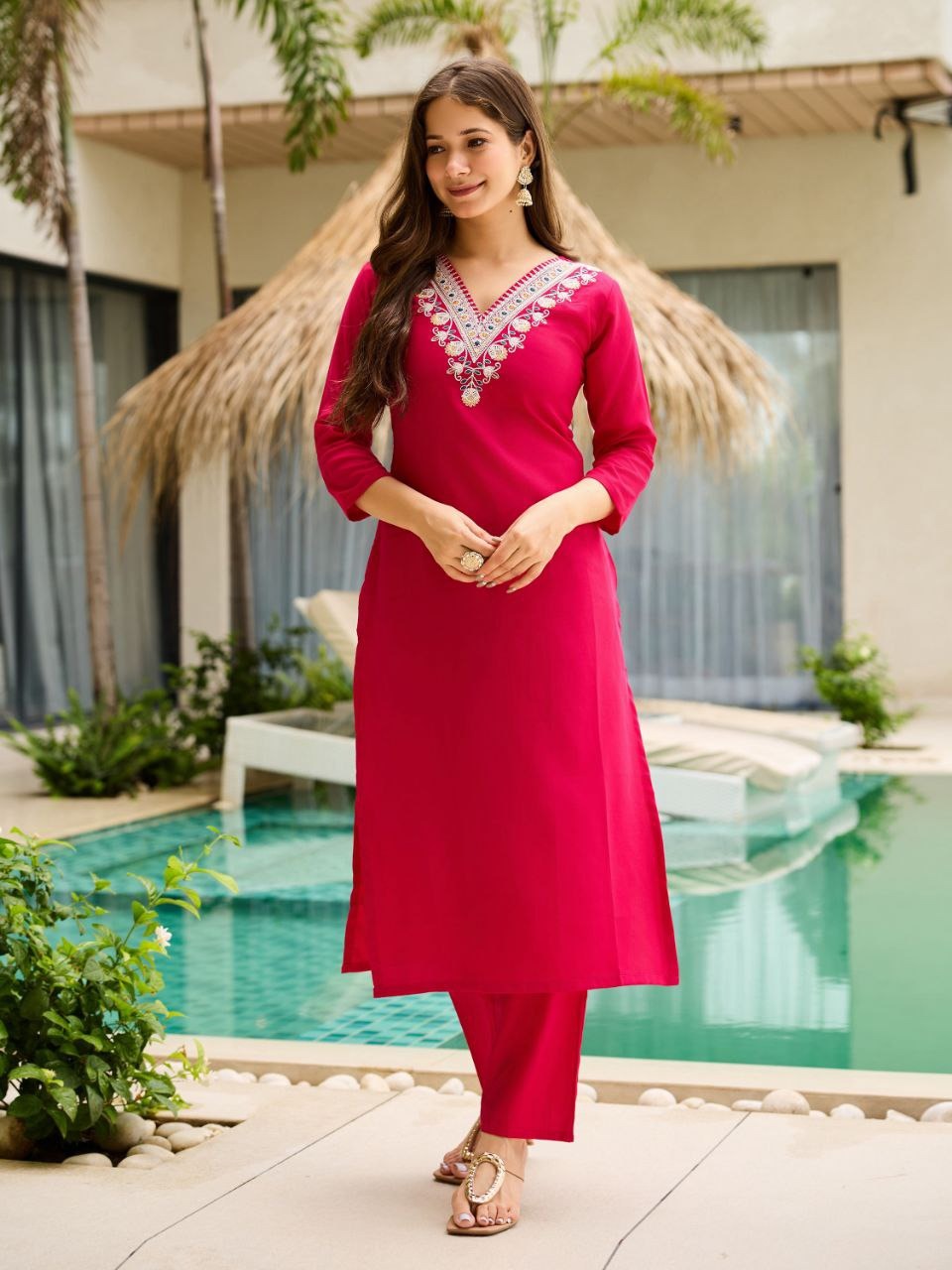 Rani Pink Embroidered Rayon Kurti Set with Silk Chiffon Dupatta – Stitched