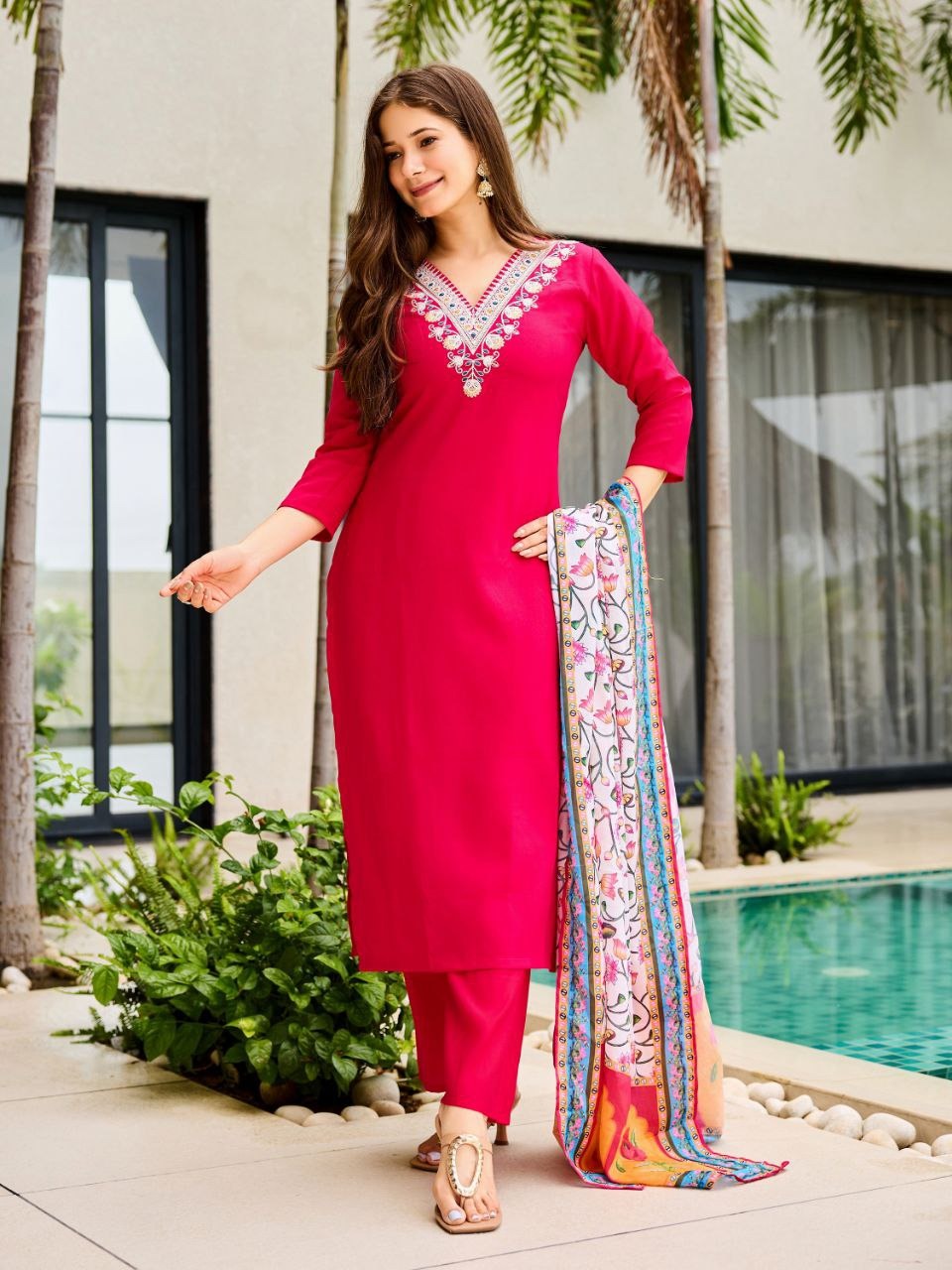 Rani Pink Embroidered Rayon Kurti Set with Silk Chiffon Dupatta – Stitched