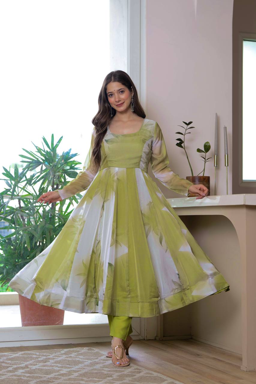 Floral Print Organza Anarkali Gown Set with Dupatta & Pant