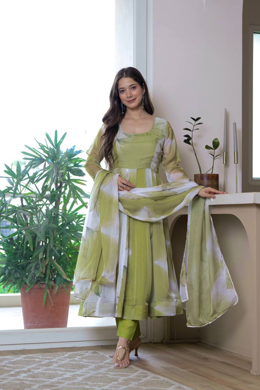 Floral Print Organza Anarkali Gown Set with Dupatta & Pant