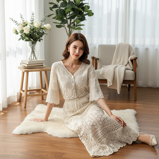 Elegant White Crochet Lace Co-ord Set