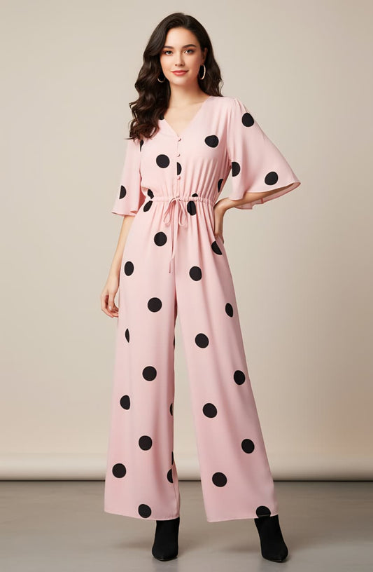 Polka Dot Wide-Leg Jumpsuit for Women – Stylish Casual & Party Wear