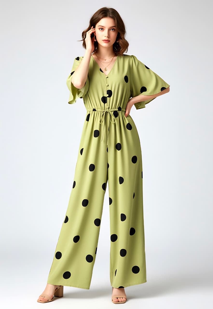 Polka Dot Wide-Leg Jumpsuit for Women – Stylish Casual & Party Wear