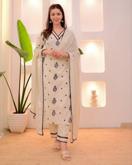 Ivory Black Embroidered Rayon Kurta Set with Kota Dupatta