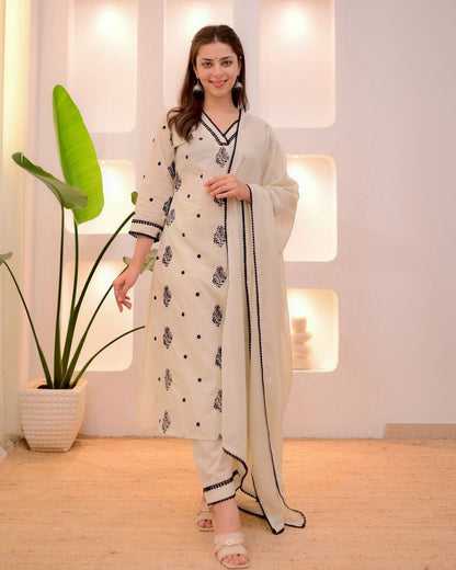 Ivory Black Embroidered Rayon Kurta Set with Kota Dupatta