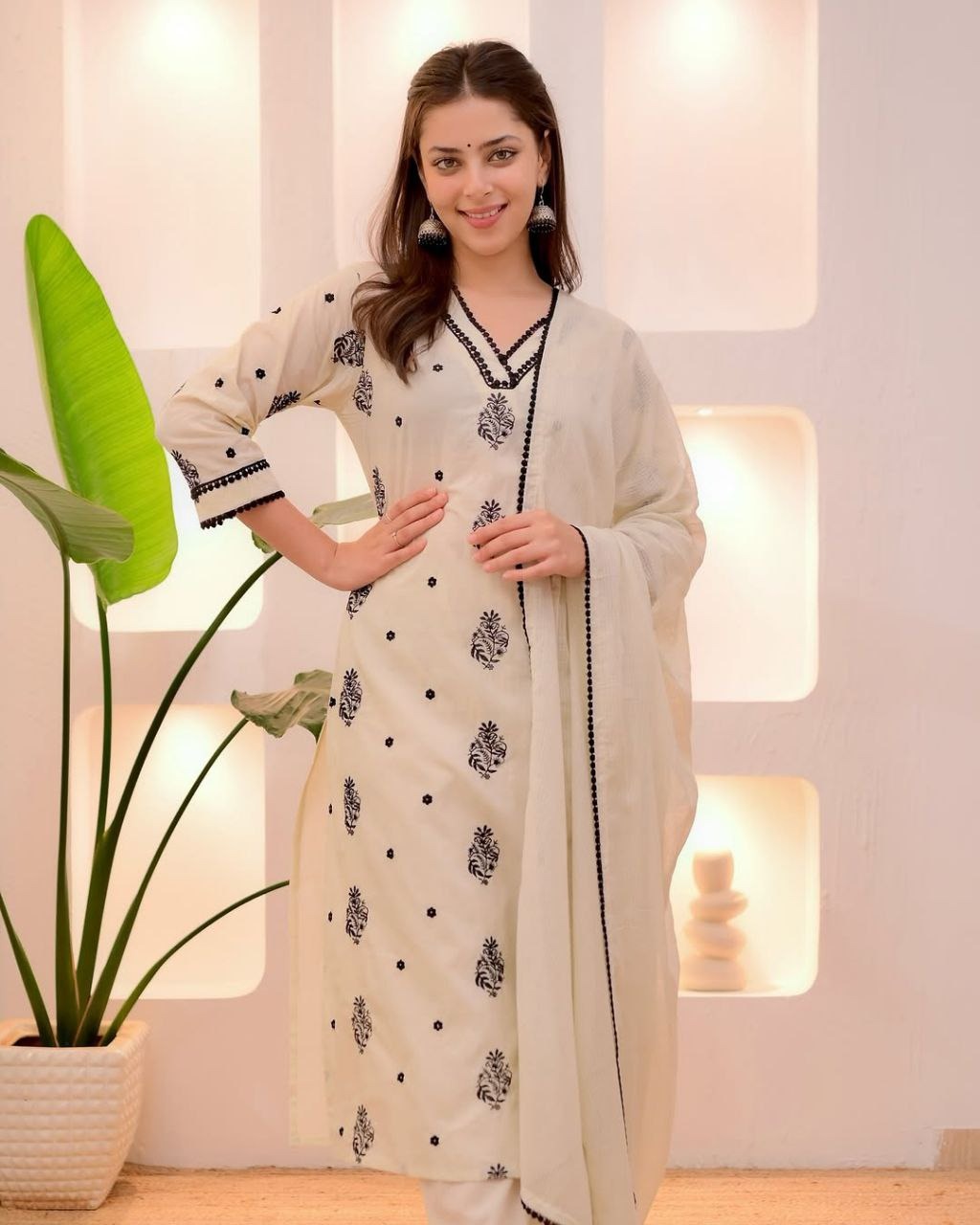 Ivory Black Embroidered Rayon Kurta Set with Kota Dupatta