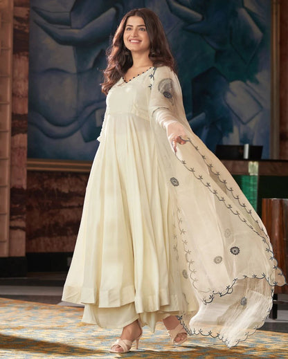 Ivory Vichitra Silk Anarkali Suit with Embroidered Dupatta