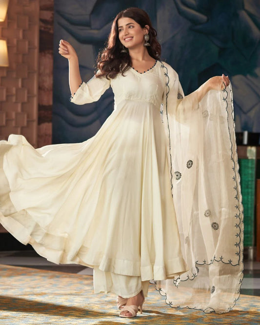 Ivory Vichitra Silk Anarkali Suit with Embroidered Dupatta