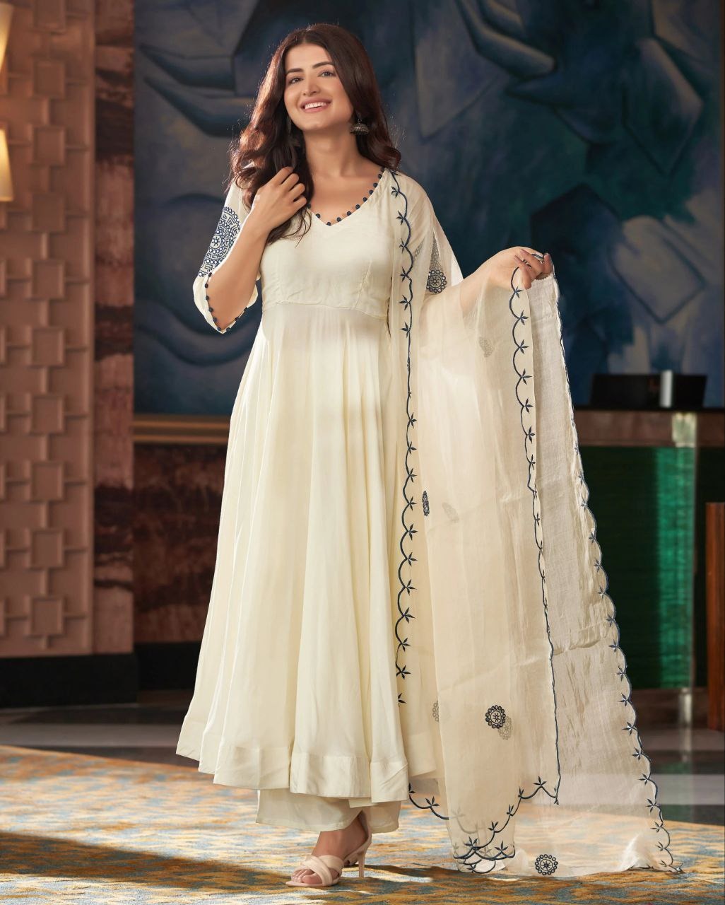 Ivory Vichitra Silk Anarkali Suit with Embroidered Dupatta