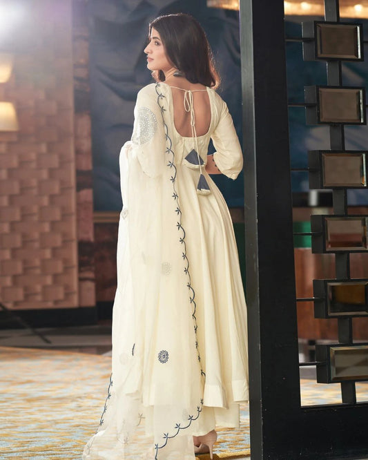 Ivory Vichitra Silk Anarkali Suit with Embroidered Dupatta