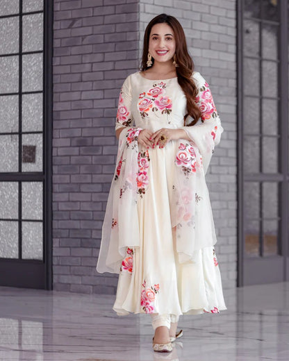 Elegant Ivory Floral Anarkali Suit with Dupatta