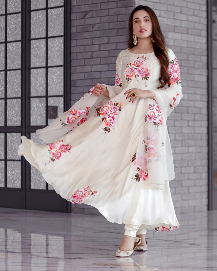Elegant Ivory Floral Anarkali Suit with Dupatta