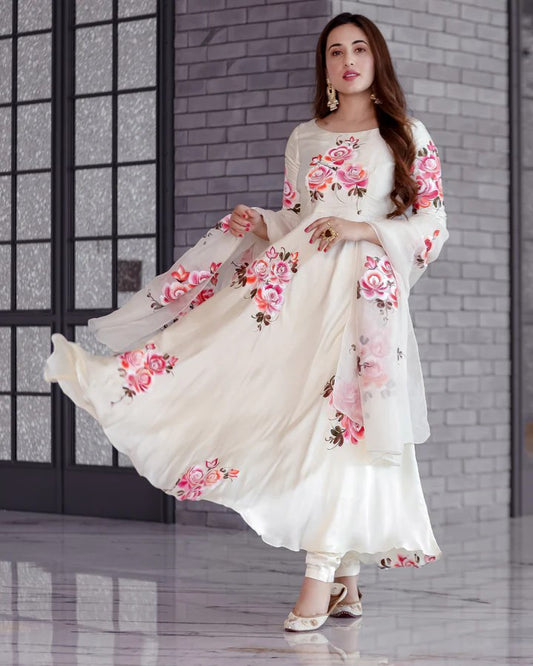 Elegant Ivory Floral Anarkali Suit with Dupatta