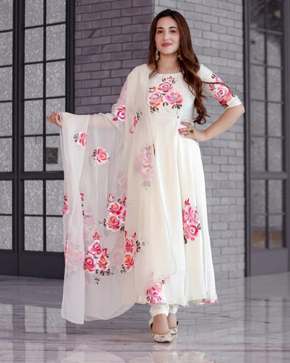 Elegant Ivory Floral Anarkali Suit with Dupatta