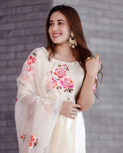 Elegant Ivory Floral Anarkali Suit with Dupatta