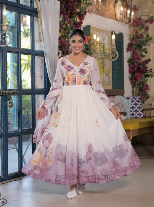 White Tabby Organza Gown with Embroidered Dupatta