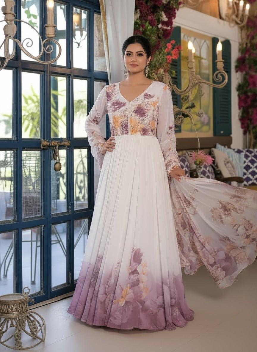 White Tabby Organza Gown with Embroidered Dupatta