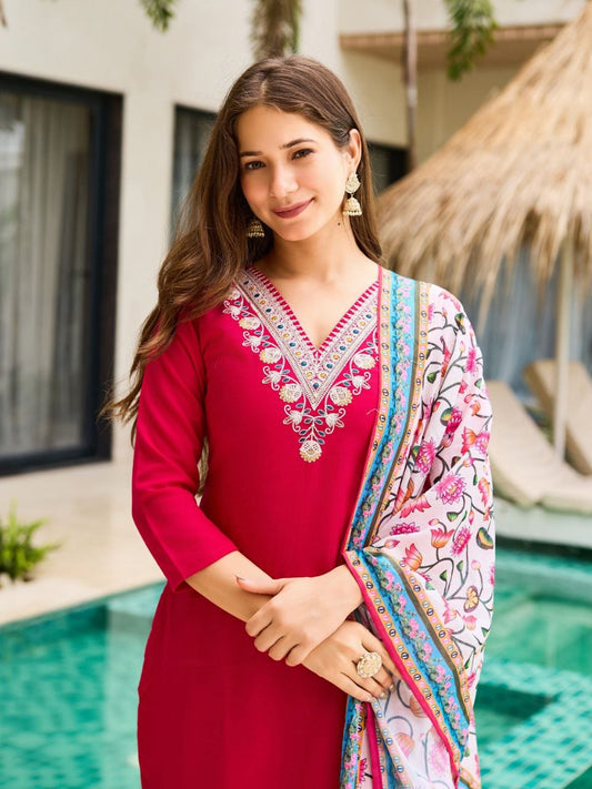 Rani Pink Embroidered Rayon Kurti Set with Silk Chiffon Dupatta – Stitched
