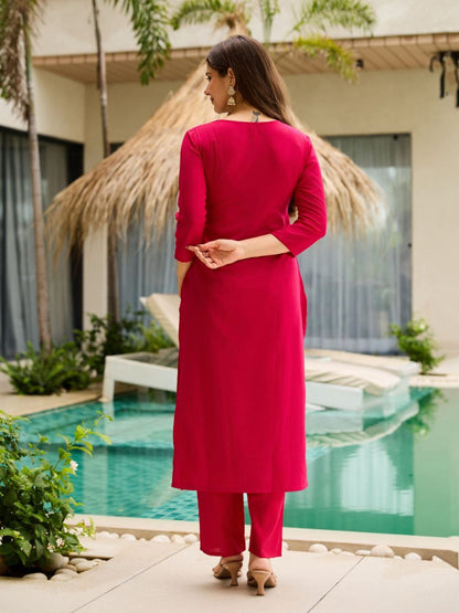 Rani Pink Embroidered Rayon Kurti Set with Silk Chiffon Dupatta – Stitched
