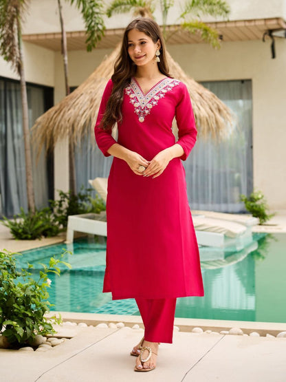 Rani Pink Embroidered Rayon Kurti Set with Silk Chiffon Dupatta – Stitched