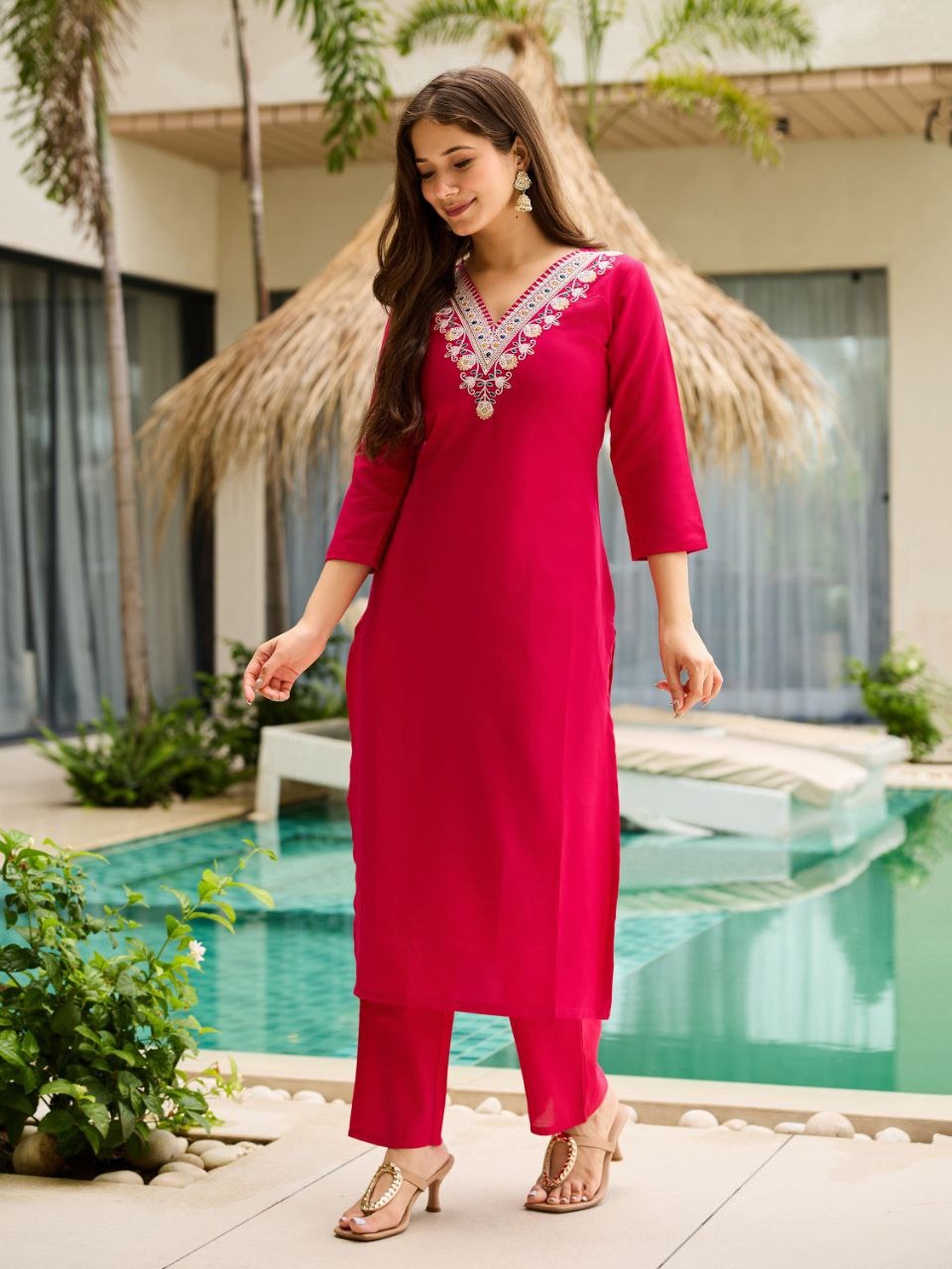 Rani Pink Embroidered Rayon Kurti Set with Silk Chiffon Dupatta – Stitched