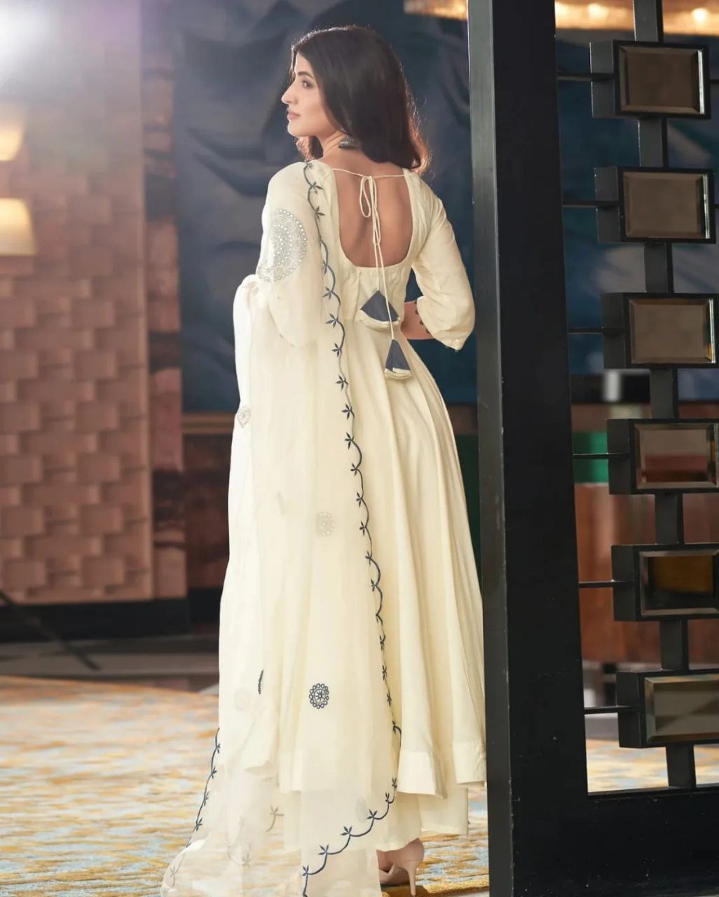 Bollywood Inspired White Anarkali Suit with Embroidery