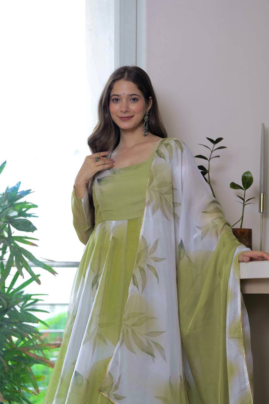 Floral Print Organza Anarkali Gown Set with Dupatta & Pant