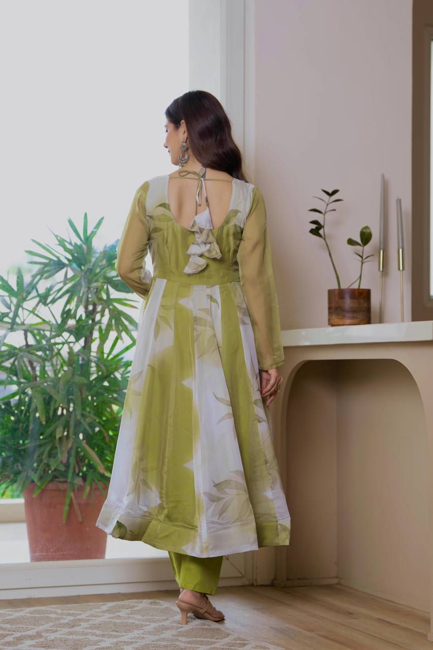 Floral Print Organza Anarkali Gown Set with Dupatta & Pant