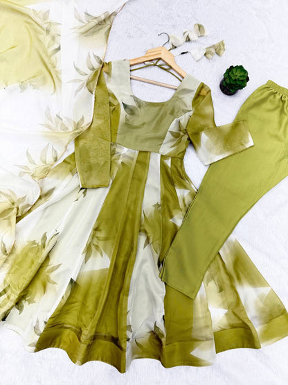 Floral Print Organza Anarkali Gown Set with Dupatta & Pant