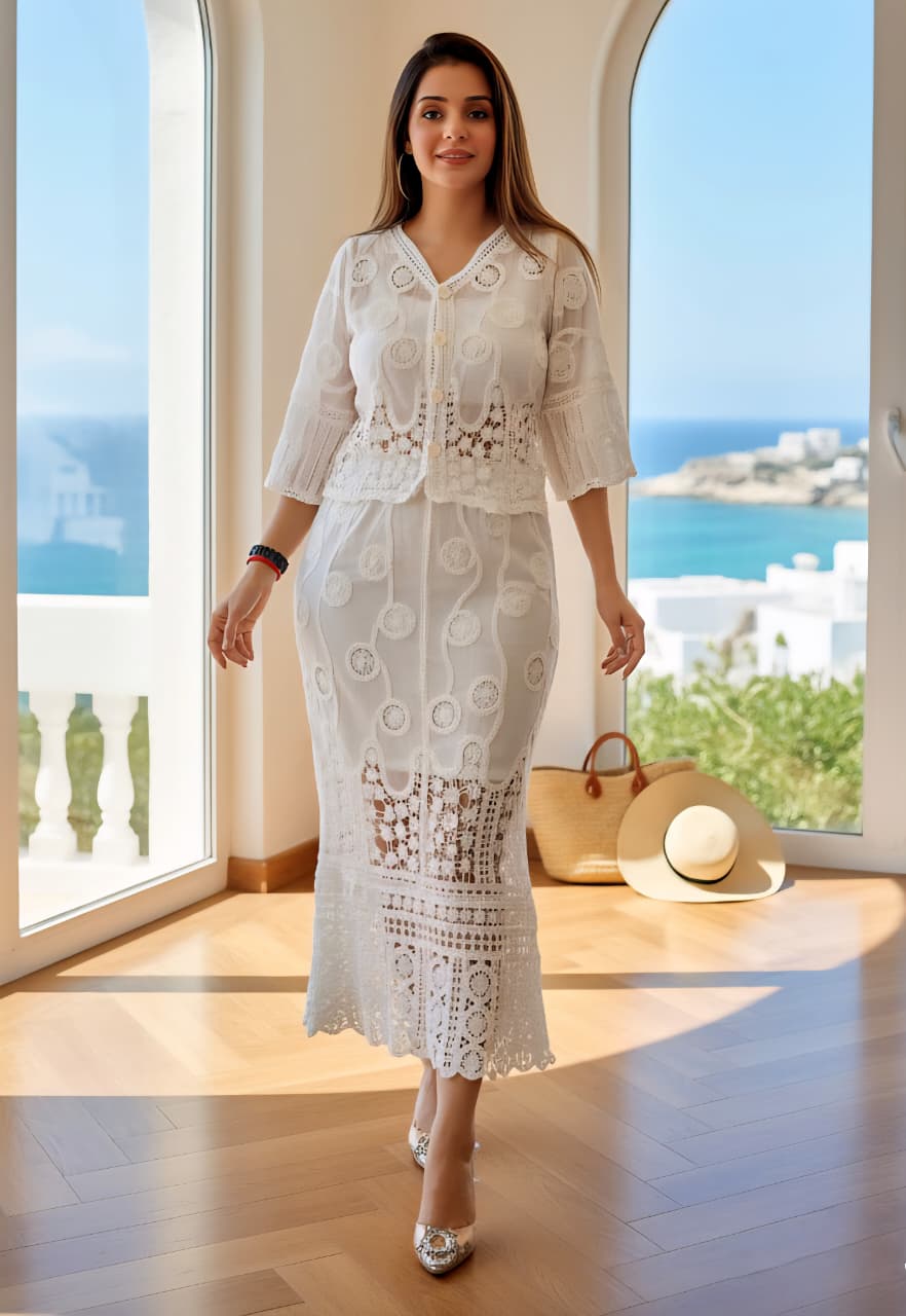 Elegant White Crochet Lace Co-ord Set
