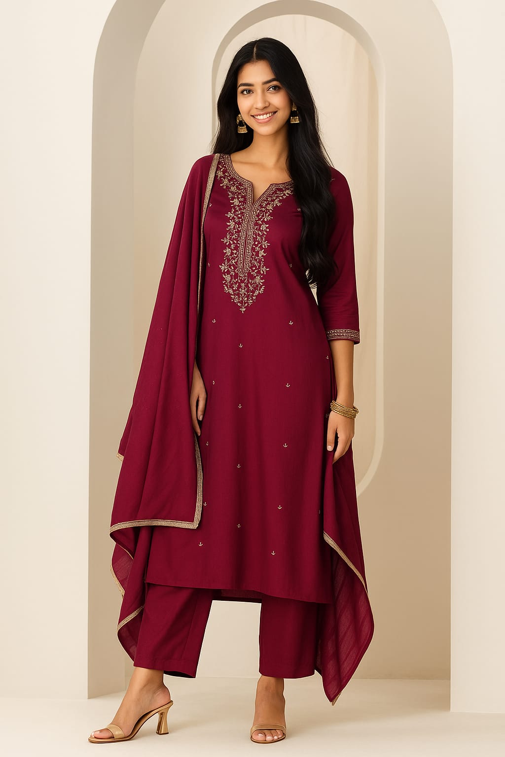 Premium Designer Maroon Kurta Pant Set with Dupatta – Roman Silk & Chanderi