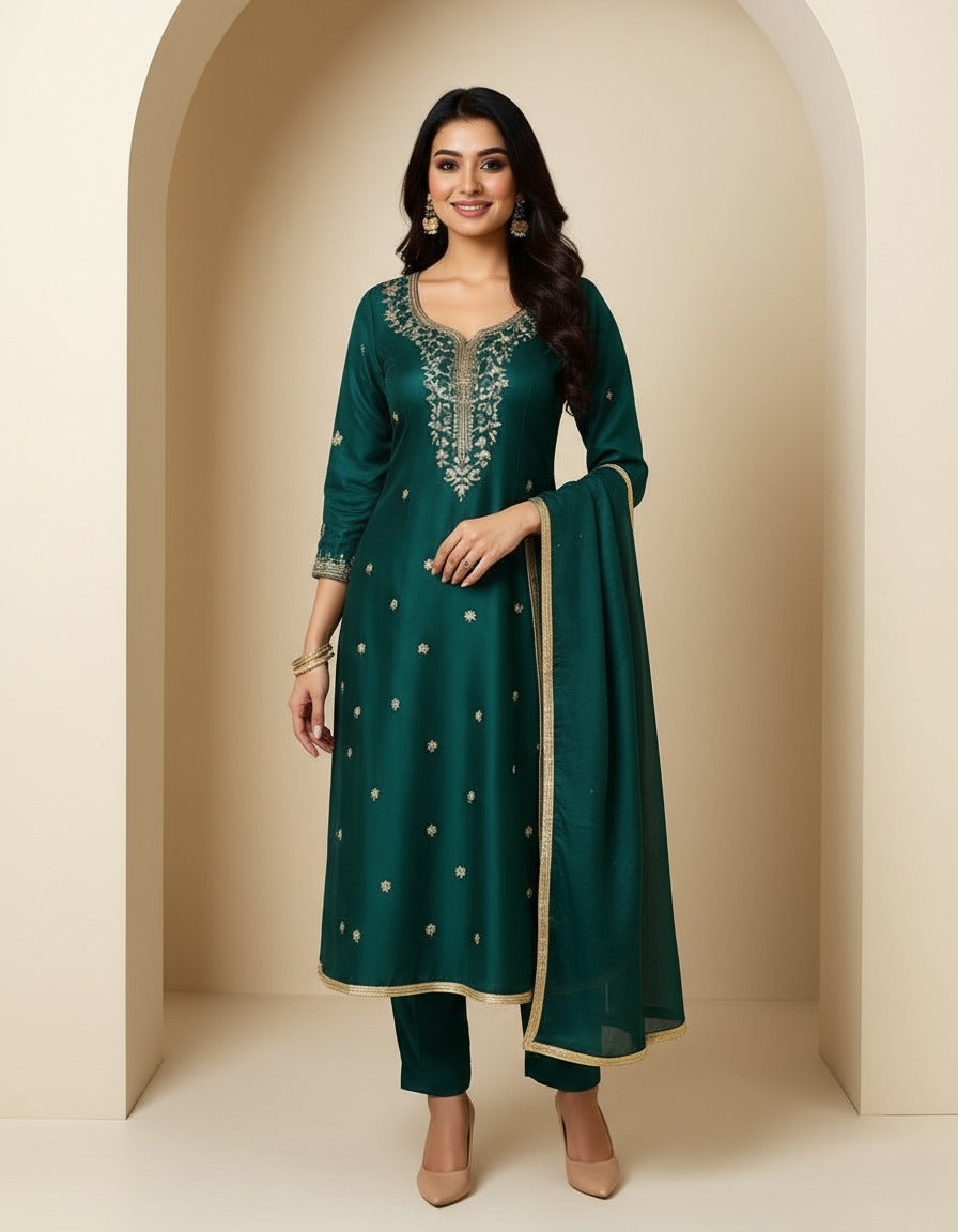Premium Designer Maroon Kurta Pant Set with Dupatta – Roman Silk & Chanderi